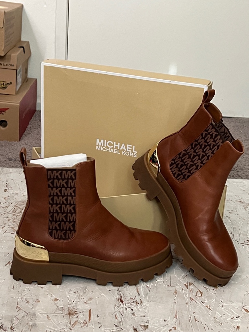 Michael Kors Brown Leather Chelsea Booties with MK Elastic & Gold Heel Accent